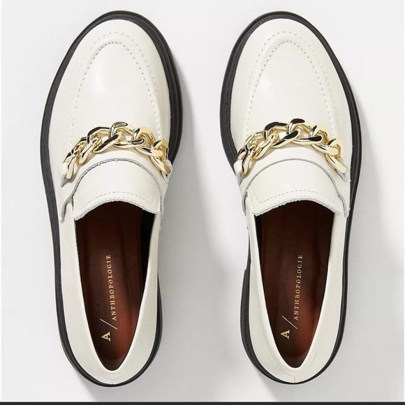 Anthropologie White with Gold Lug platform loafer shoes - Picture 2 of 5